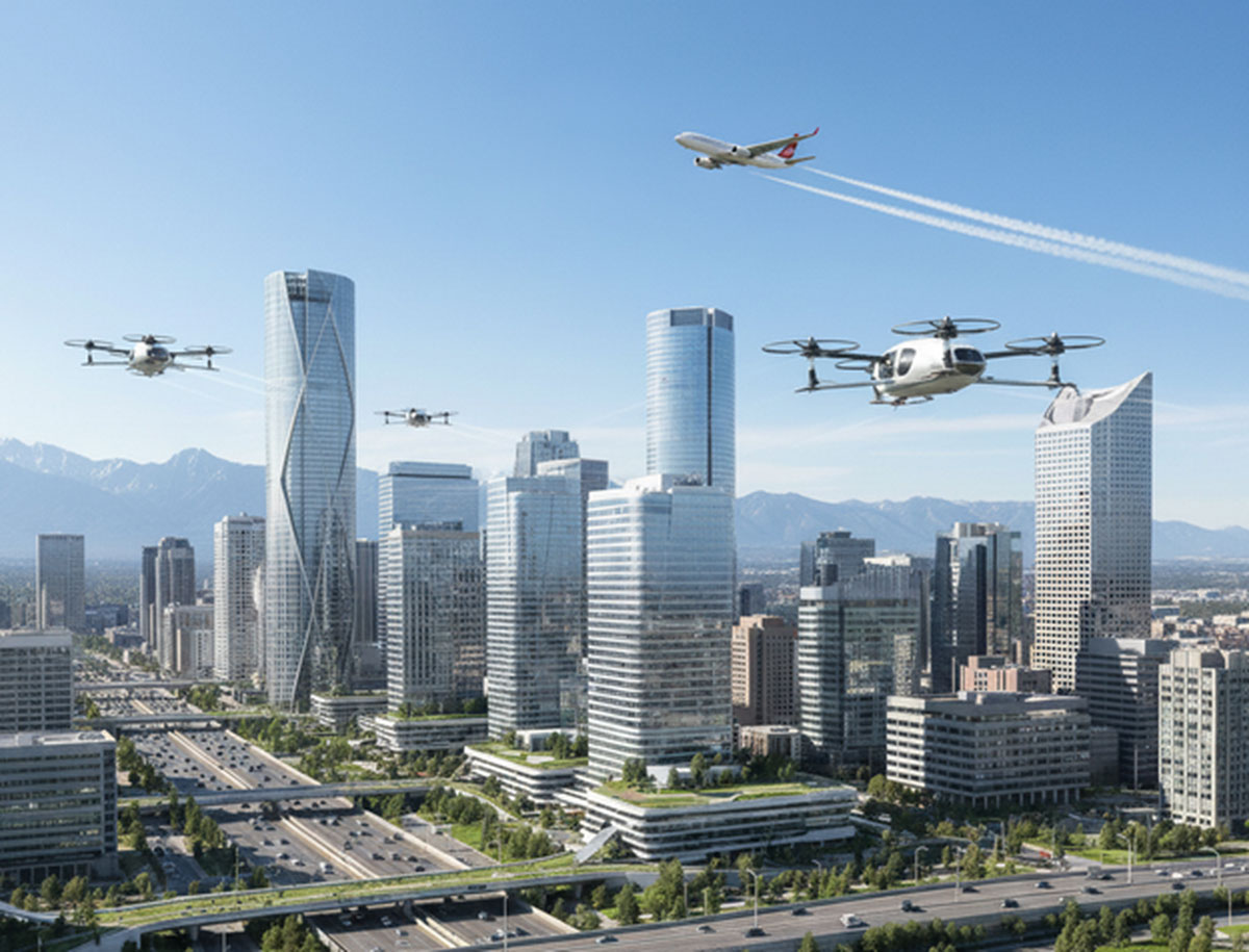 « Drones avec passagers et avion volant au-dessus d’une ville moderne »