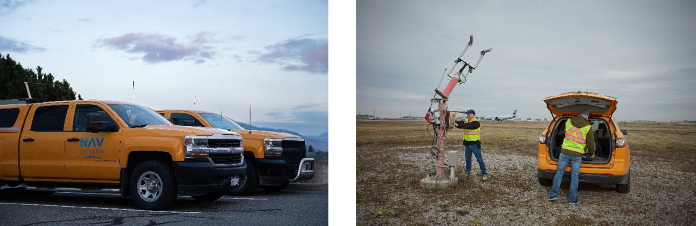 NAV CANADA technical services staff inspecting airfield navigation equipment beside yellow fleet vehicle as part of facility maintenance operations