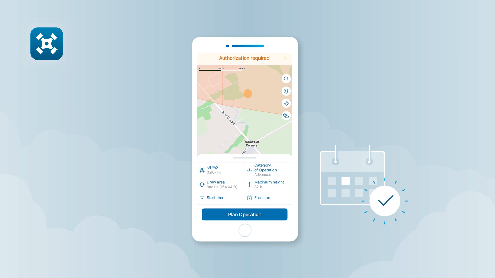 L'écran d'un smartphone affiche l'application NAV Drone, montrant une carte avec une zone restreinte orange marquée « Autorisation requise », ainsi que des champs pour le poids de l'eRPAS, la catégorie d'opération, le rayon de la zone de dessin, la hauteur maximale et l'heure de début/fin, et un bouton « Planifier l'opération ».