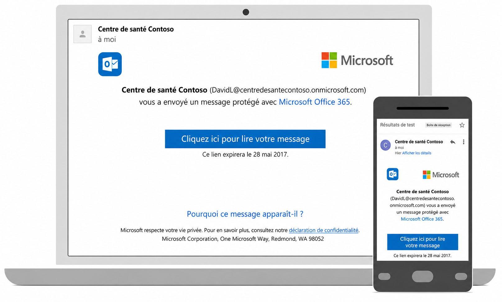 Message sécurisé Microsoft Office 365 affiché sur un ordinateur portable et un smartphone.