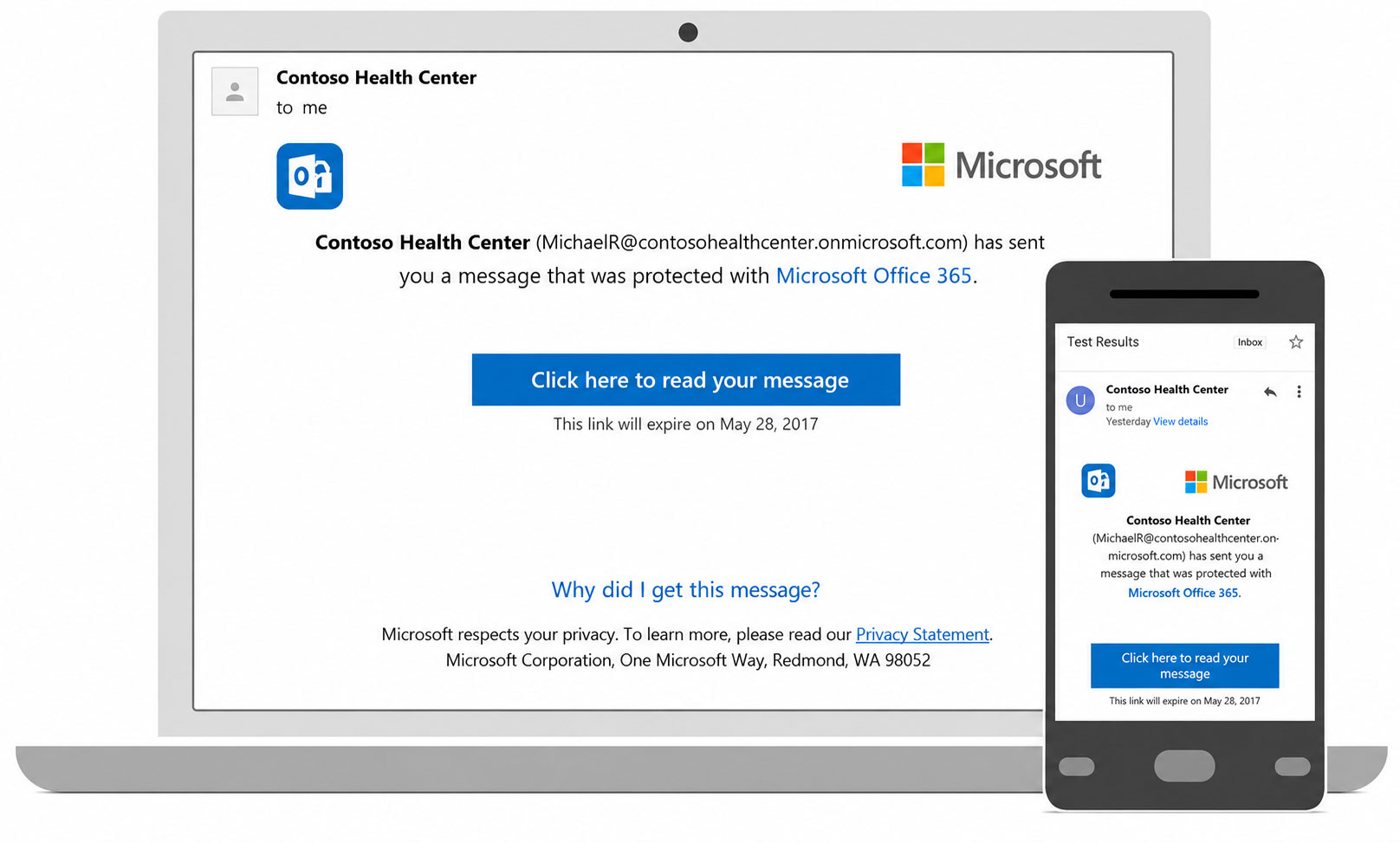 Microsoft Office 365 protected message displayed on a laptop and smartphone.